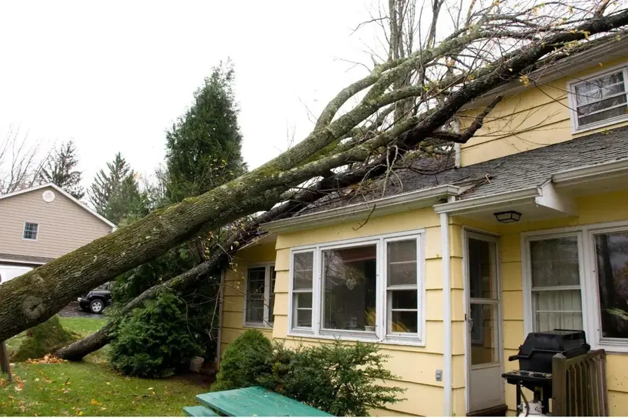 Storm damaged Atlanta home with a large tree fallen across the roof