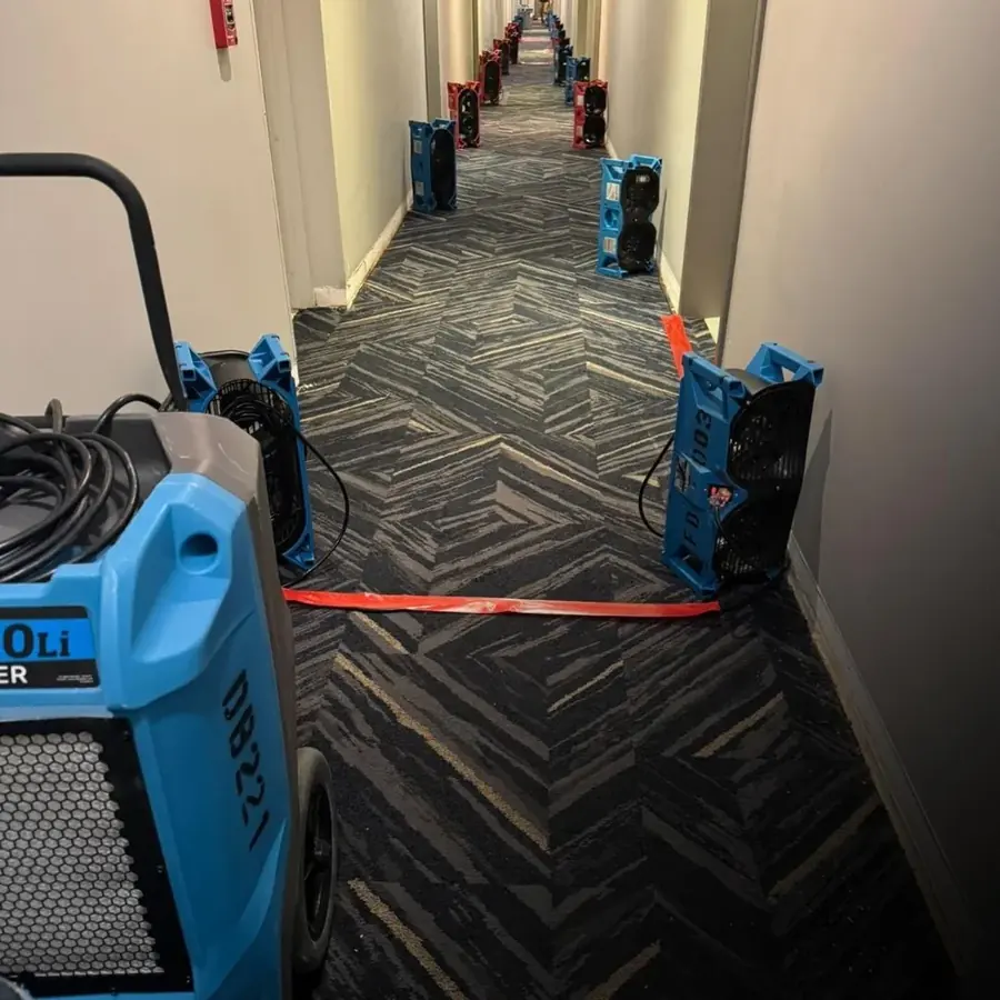 Air movers and dehumidifiers drying an Atlanta home